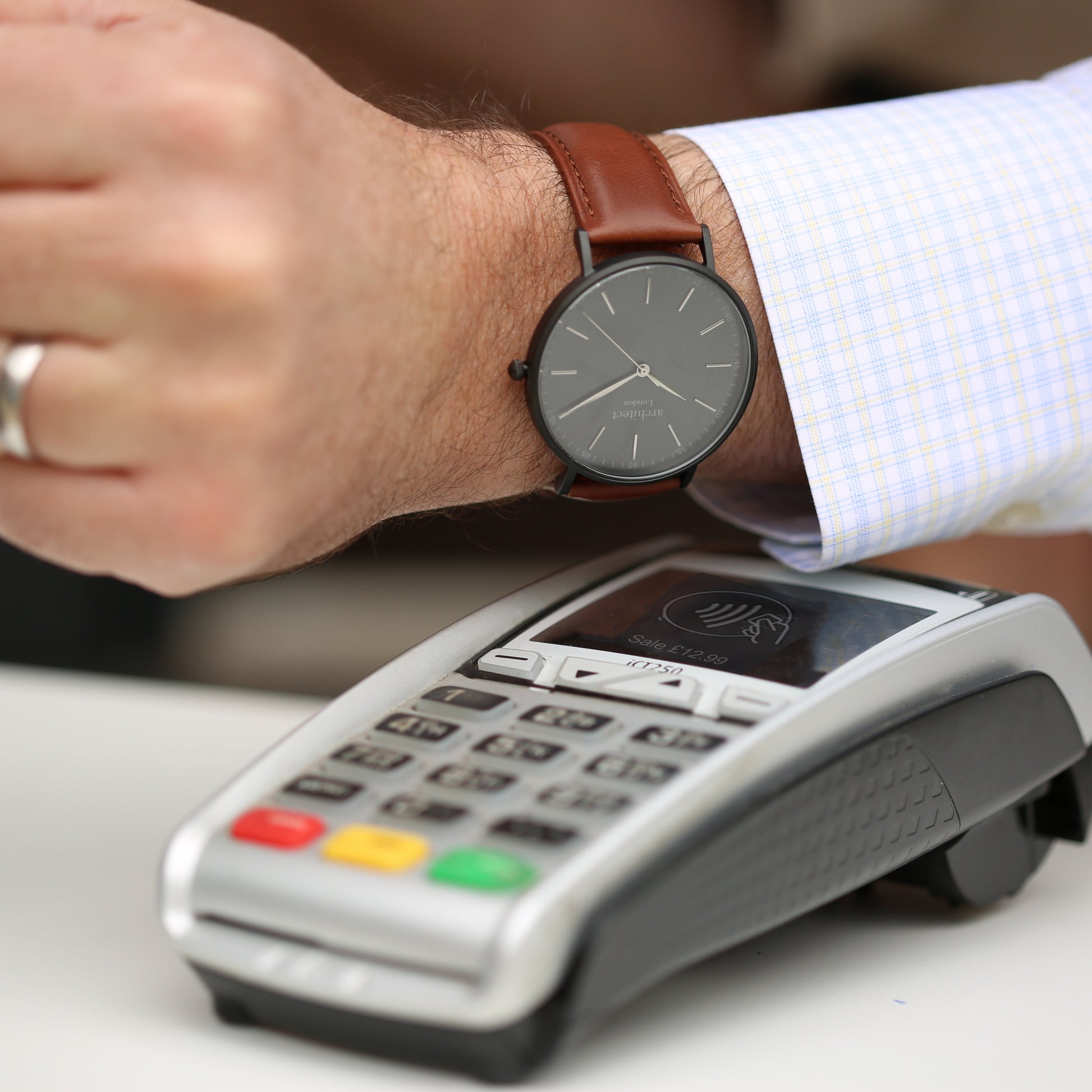 Contactless Payment Watch - Men's Architect Minimalist + Walnut Strap + Own Handwriting Engraving - Wear We Met