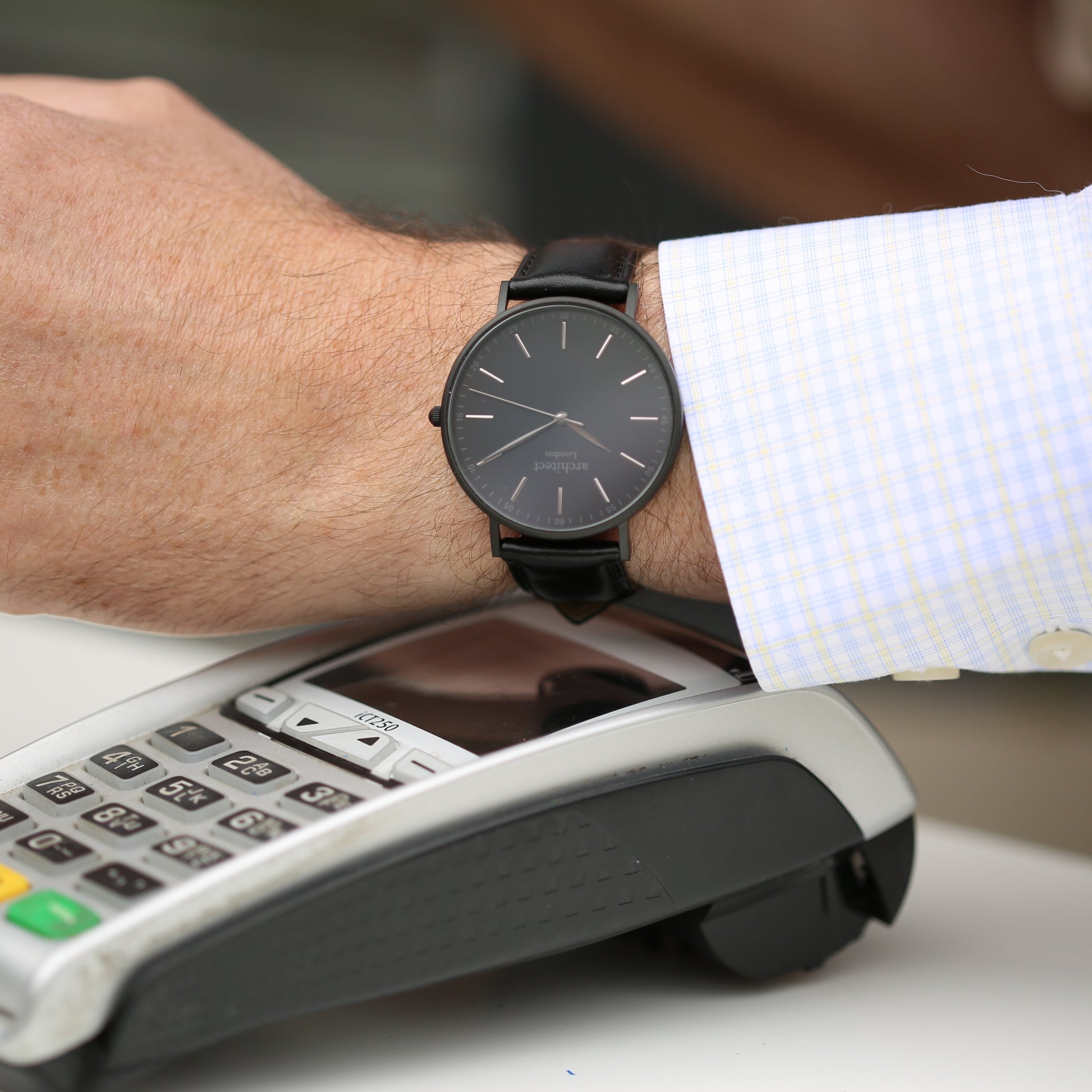 Contactless Payment Watch - Men's Architect Minimalist + Jet Black Strap + Own Handwriting Engraving - Wear We Met