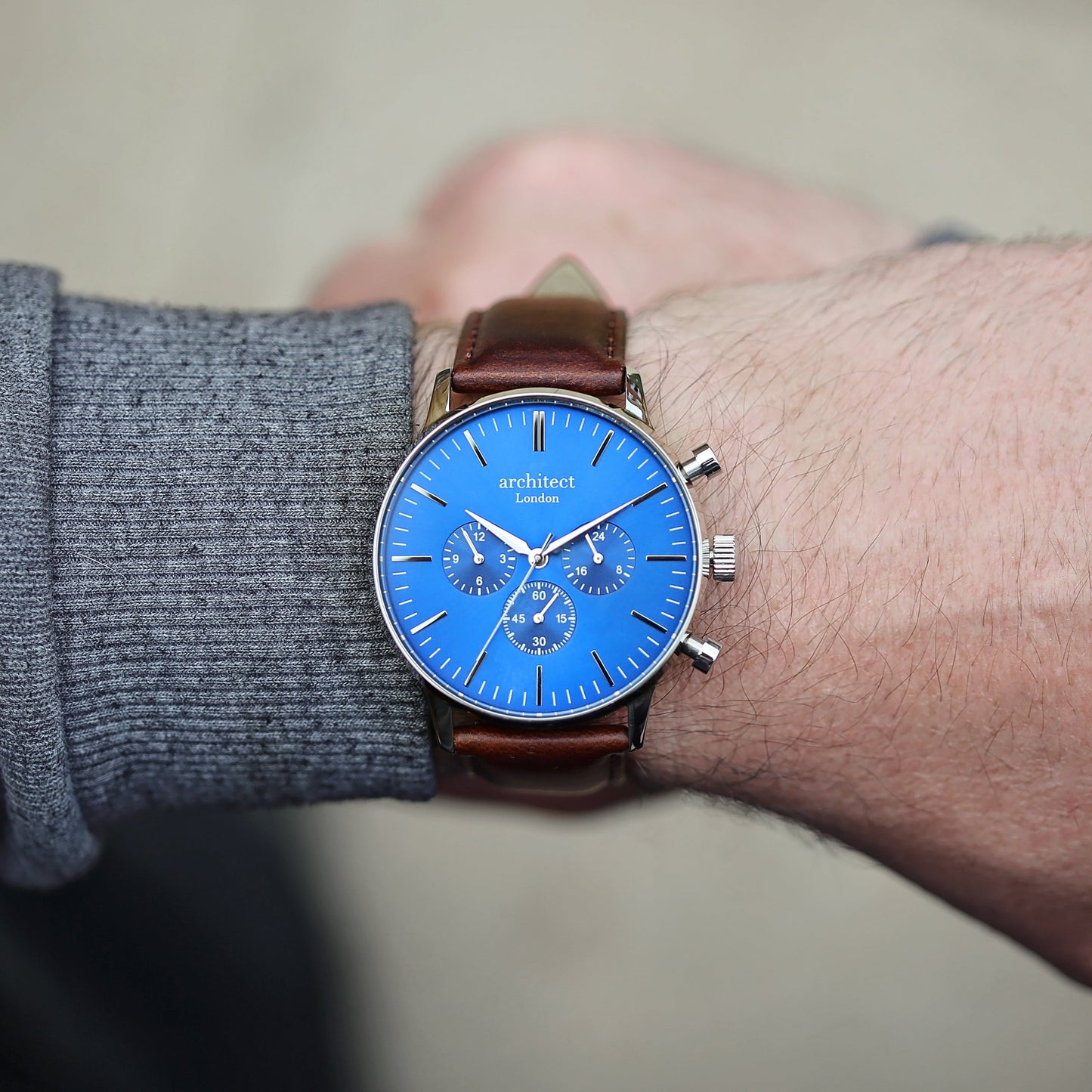 Contactless Payment Watch - Men's Blue Motivator + Walnut Strap + Own Handwriting Engraving - Wear We Met